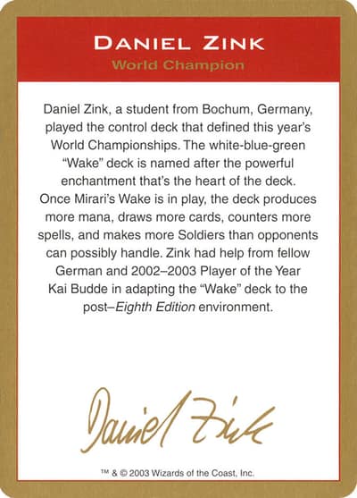 Daniel Zink Bio WC03-DZ0A World Championship Decks 2003 Magic card